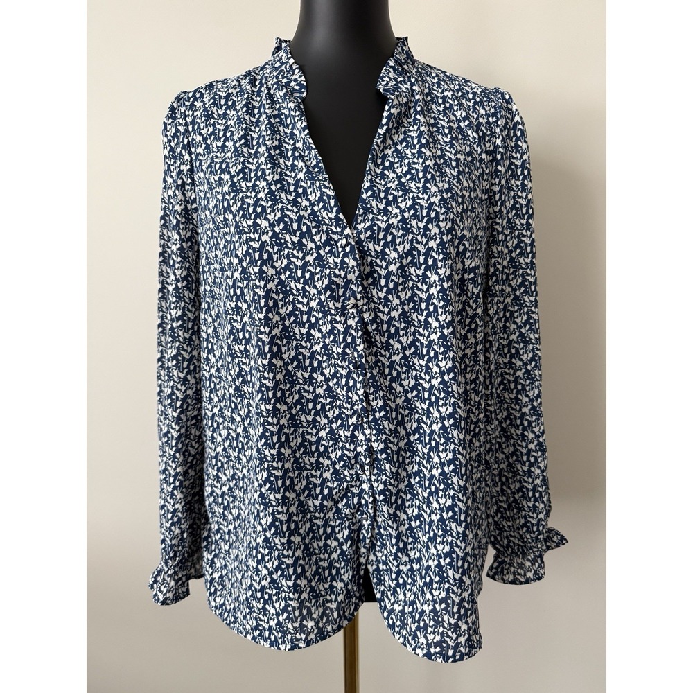 Berthie Paris Women's 8 Long Sleeve Blue White Leaf Design Blouse Viscose NWOT